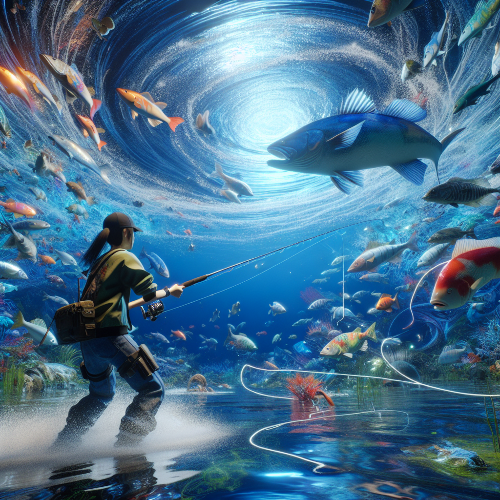 Gameplay screenshot showing a player fishing in a vibrant underwater scene